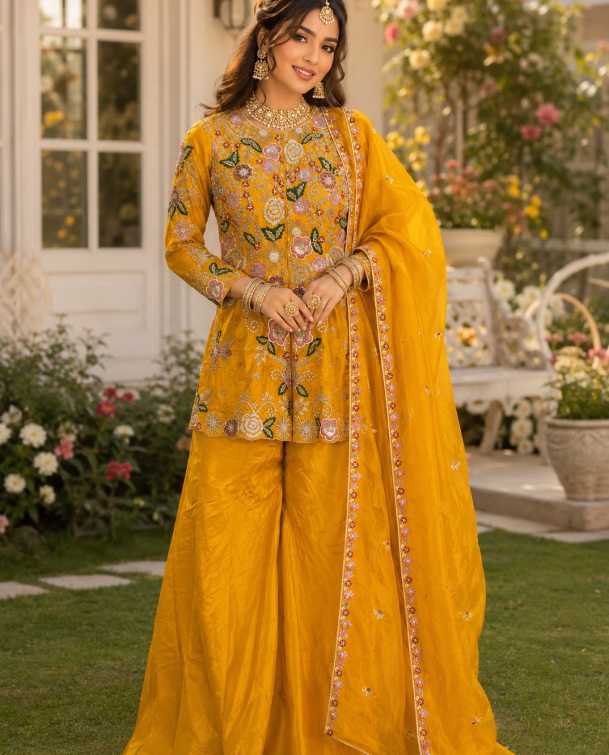 MUSTARD - Embroidered Work Faux Crepe Salwar Suit In Mustard Colour